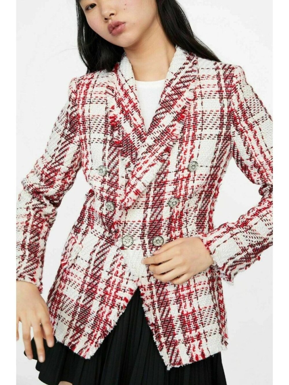 Zara Red White Tweed Rhinestone Buttons Classic Blazer L